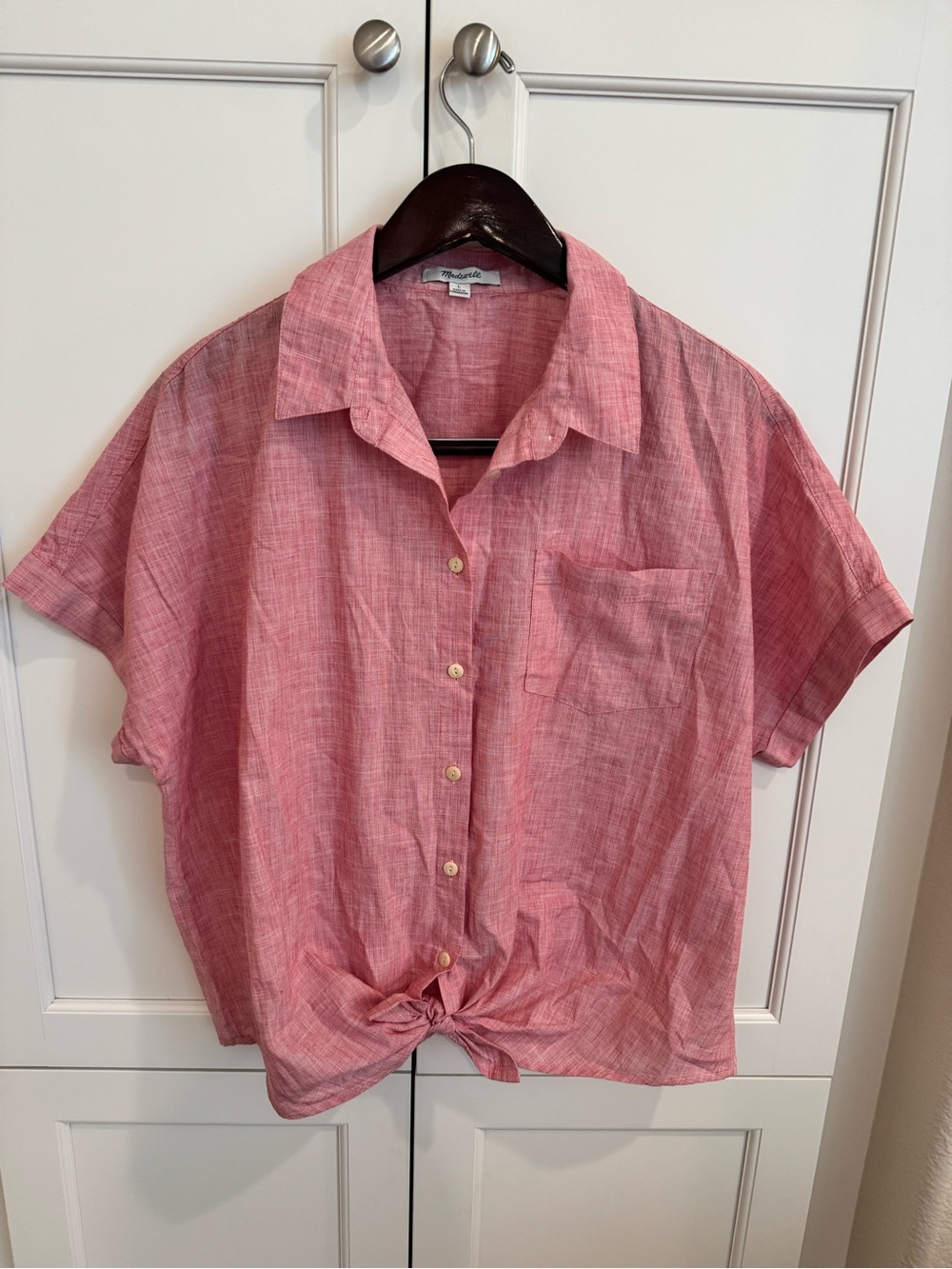 Madewell End on End Tie Front Short Sleeve Shirt Pink Large